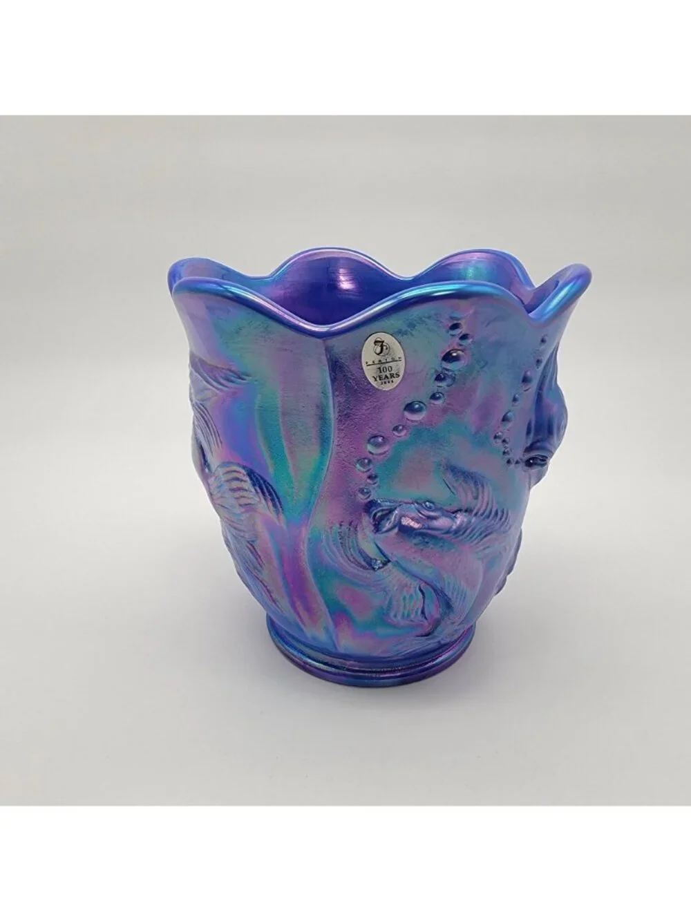 Fenton Glass 2004 Atlantis Periwinkle Iridescent Blue Fish Vase